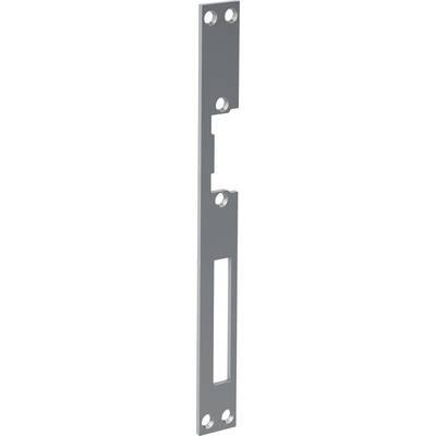 Metal plate with several holes, likely part of a door fitting or locking mechanism, vertically oriented.