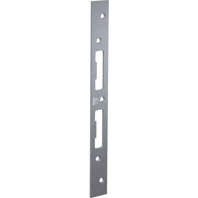 A metallic bracket with multiple cutouts and holes used for mounting or securing hardware, shown vertically against a white background.