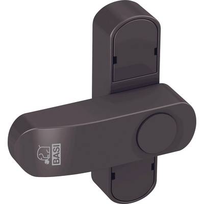 A brown security window lock with a central large button and two side wings for locking. 'BASI' marking visible.