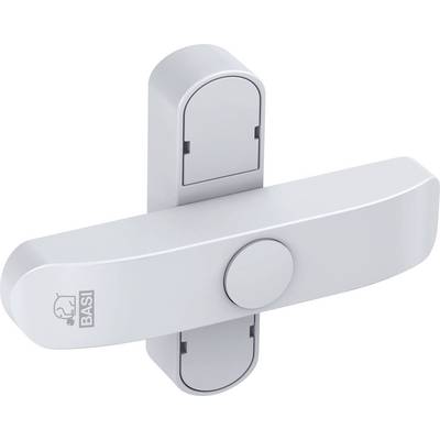 A silver security door lock with Basi logo, featuring a horizontal handle and key cylinder, designed for enhanced home safety.