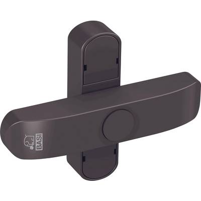 Door auxiliary lock in dark brown with BASI logo, horizontally mounted, provides additional security.