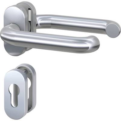 Modern metal door handle set in a polished finish, comprising a handle and matching escutcheon plate for interior doors.