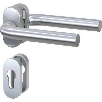 Door handle set in polished metal with a round rose plate and escutcheon, suitable for modern doors.