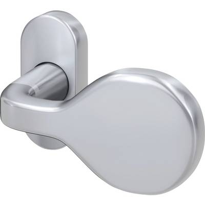 A silver door handle in a droplet shape, mounted on a wall. It has a modern and sleek design.<br><br>Note: The translation maintains the original description using natural British English vocabulary and phrasing.