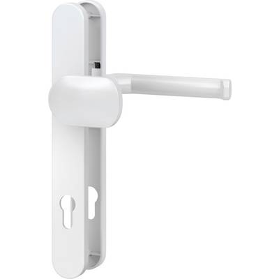 White metal door handle with a rectangular base plate and round grip, suitable for security doors.