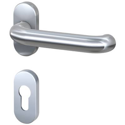 A silver door handle set with a matching oval escutcheon for a key.