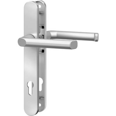 Metal door handle in a modern design, silver-coloured, with key opening, suitable for interior doors in flats or offices.