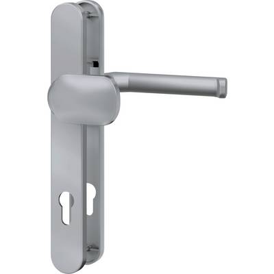 A silver door handle with a metal lock plate, suitable for doors in living spaces.