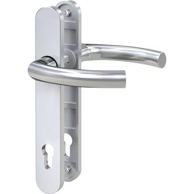 A silver door handle with a rectangular base plate and rounded corners, mounted on a door.