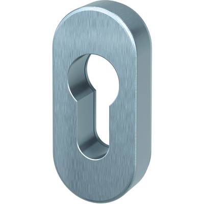 A blue anodised cylindrical cover plate with an oval design and a keyhole in the centre.