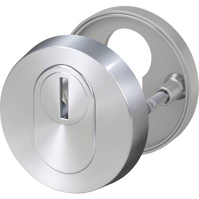 A round, shiny metal cylinder cover for a lock with a key opening, showing front and back sides, designed for security purposes.