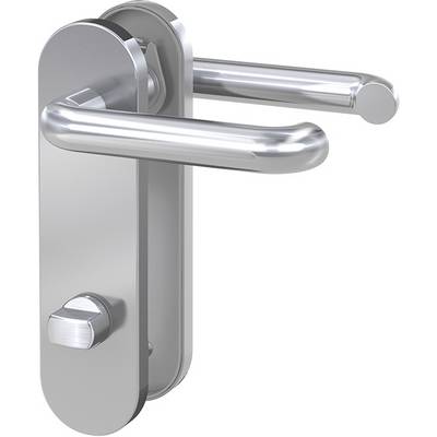 Metal door handle with a rectangular base and round grip, shown in silver colour, mounted on a wooden door.