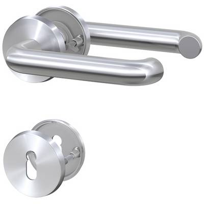Stainless steel door handle with escutcheon, polished finish, modern design.