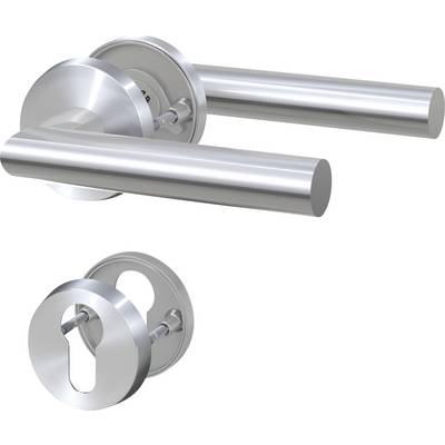 Sleek silver door handle with a matching keyhole cover, showcasing a modern design.