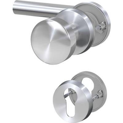 Silver-shiny door handles and a matching metal keyhole escutcheon shown together as a set.