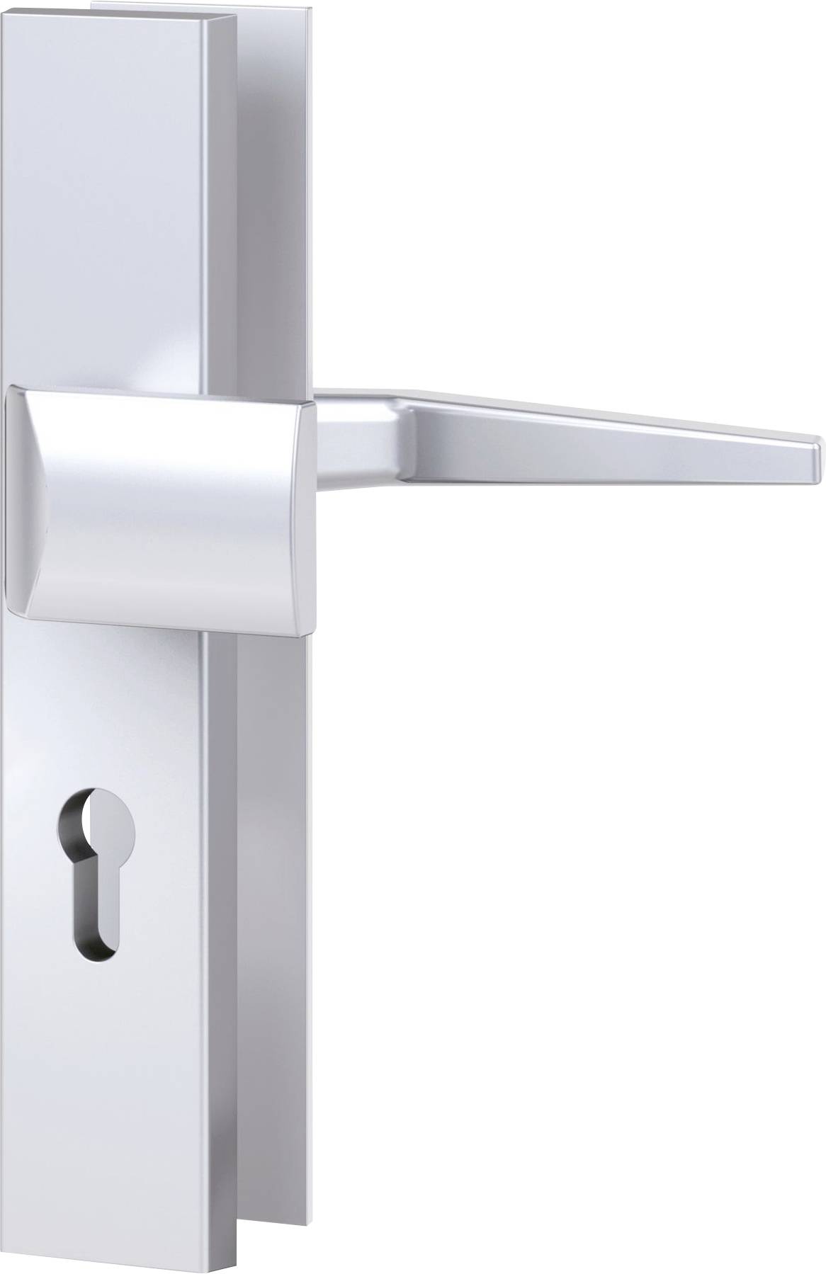 A sleek silver door handle and lock set on a rectangular metal plate, featuring a keyhole below the handle.