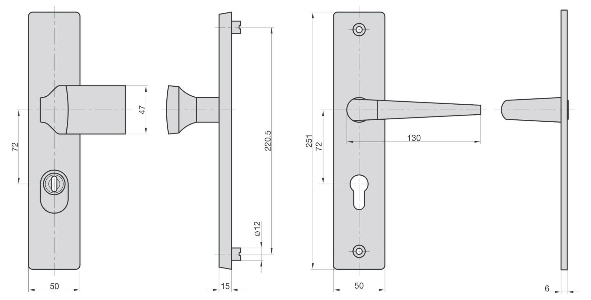 'Door handle technical drawing' showing top, side, and front views with measurements in millimeters for length and placement.