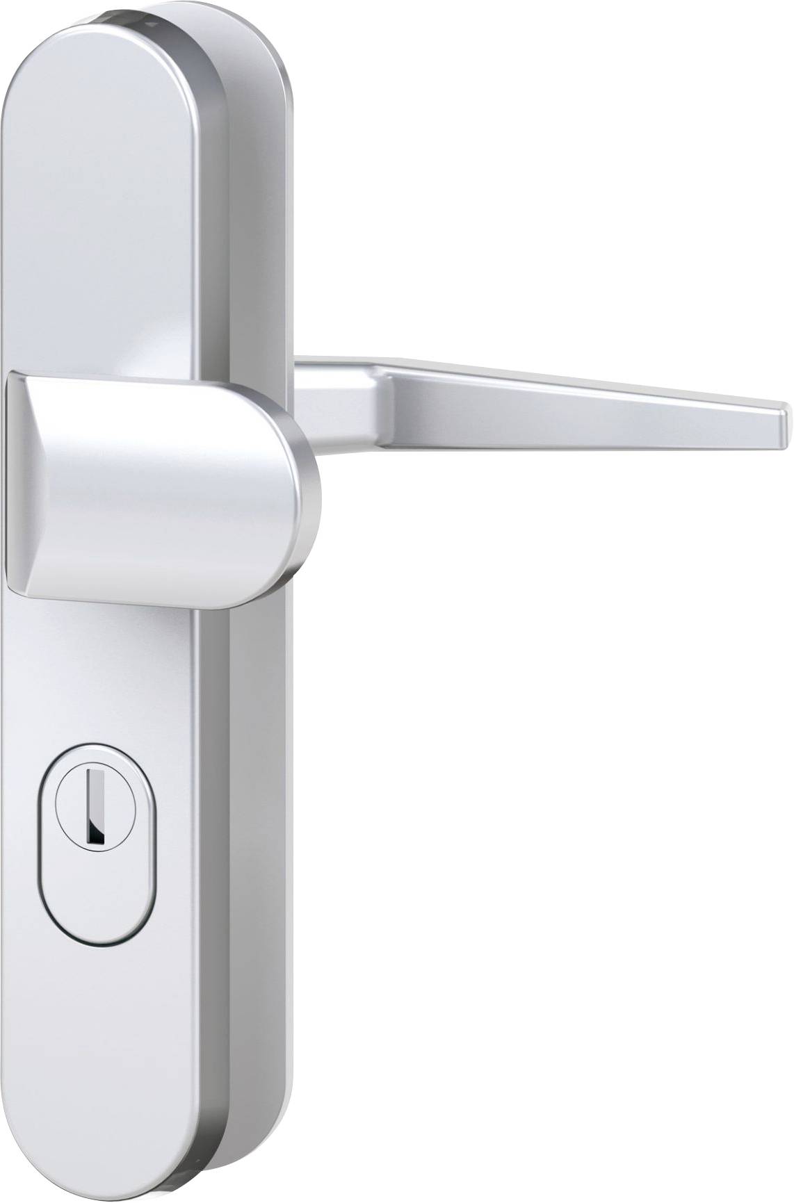 A sleek, modern silver door handle with a keyhole, mounted on a vertical metallic backplate, angled to the right.