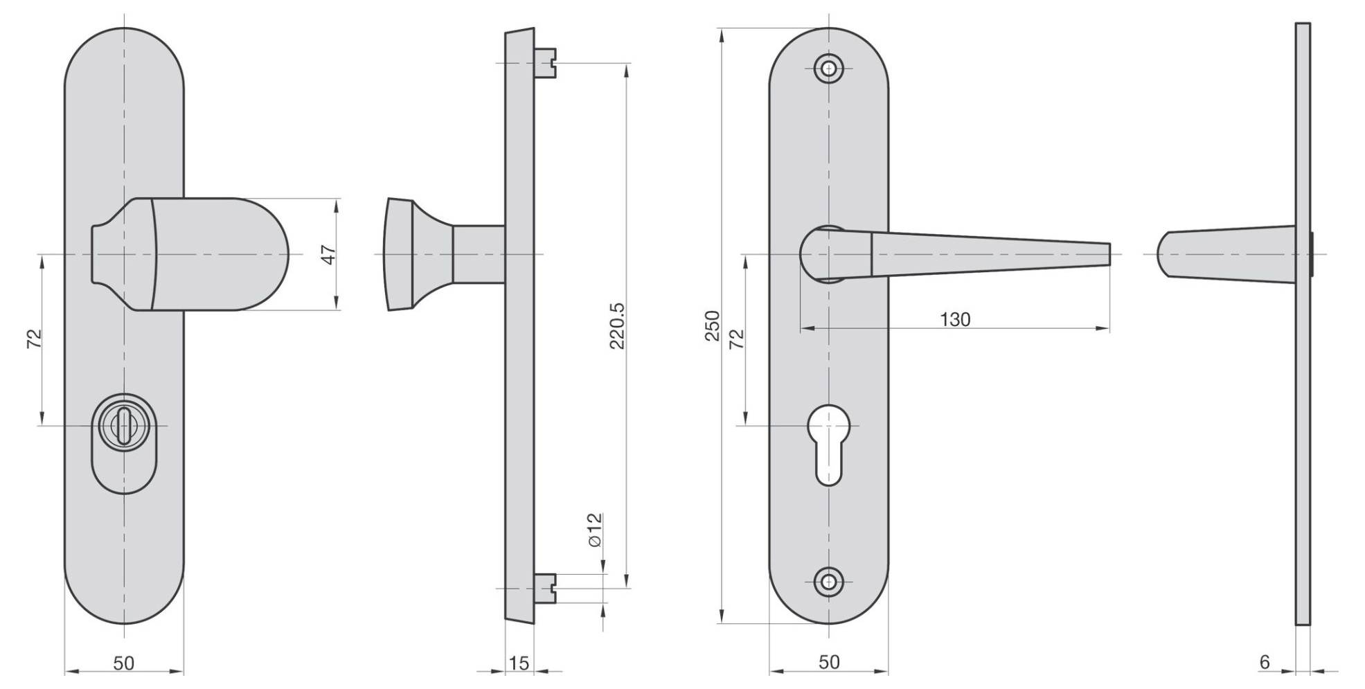 'Technical drawing of a door handle and lock set, showing three views: front, side, and angled. Dimensions and measurements included.'