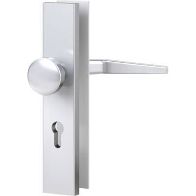 Silver door handle set with a round knob and keyhole, photographed from the side.