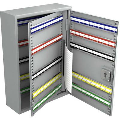 Metal key cabinet with open door, showing numbered multi-coloured hook strips and a mounting area with a notepad.