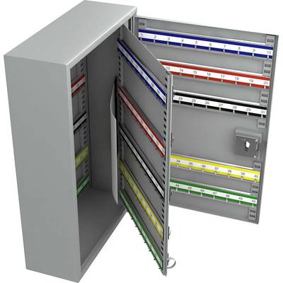 An open, grey key cabinet with coloured, numbered hook rows for organising multiple keys in an office or company.