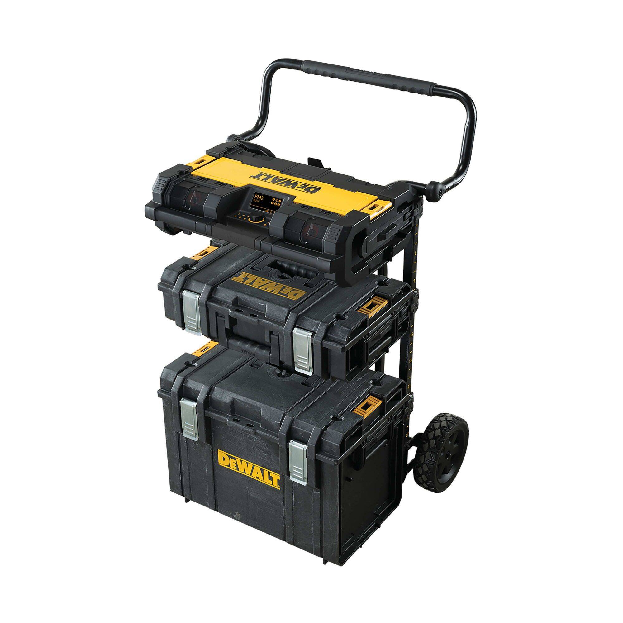 'DeWalt tool trolley with three stackable boxes and handle for easy transport.'