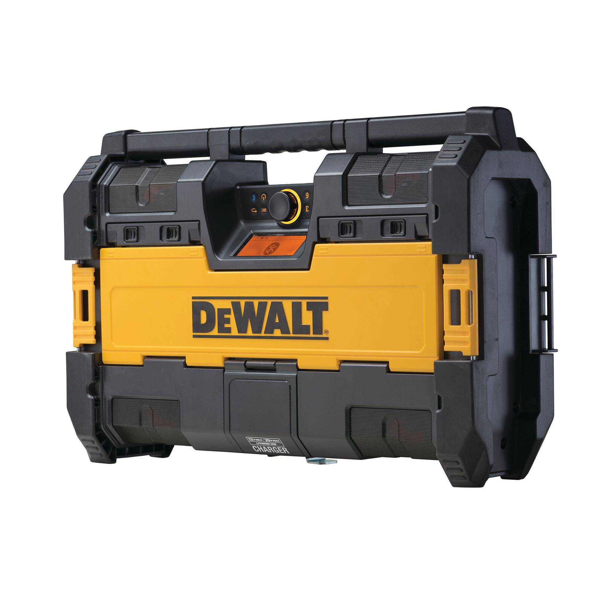 'DeWalt' tool case in yellow and black with handle, robust design, with lock and logo visible.