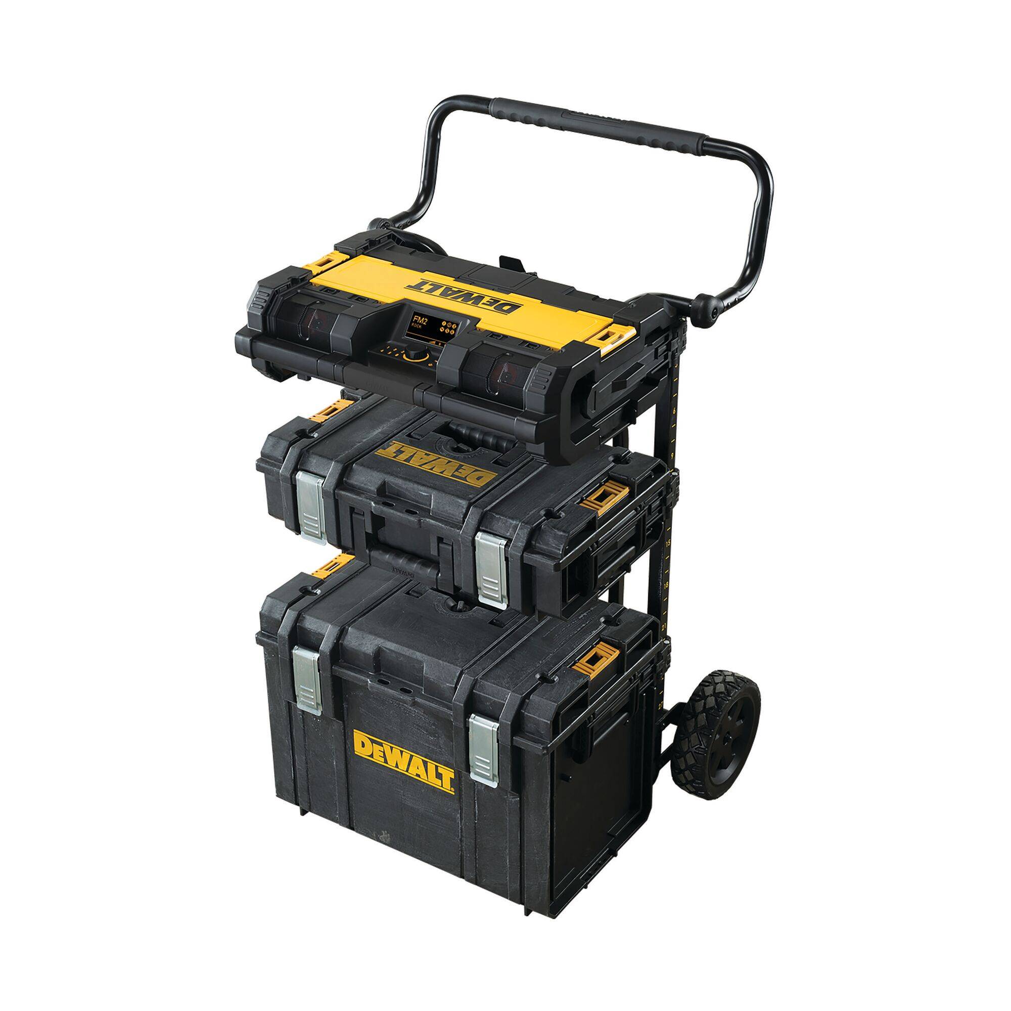 A black tool trolley with multiple stackable boxes, marked in yellow and black, featuring a large handle and wheels for easy mobility.