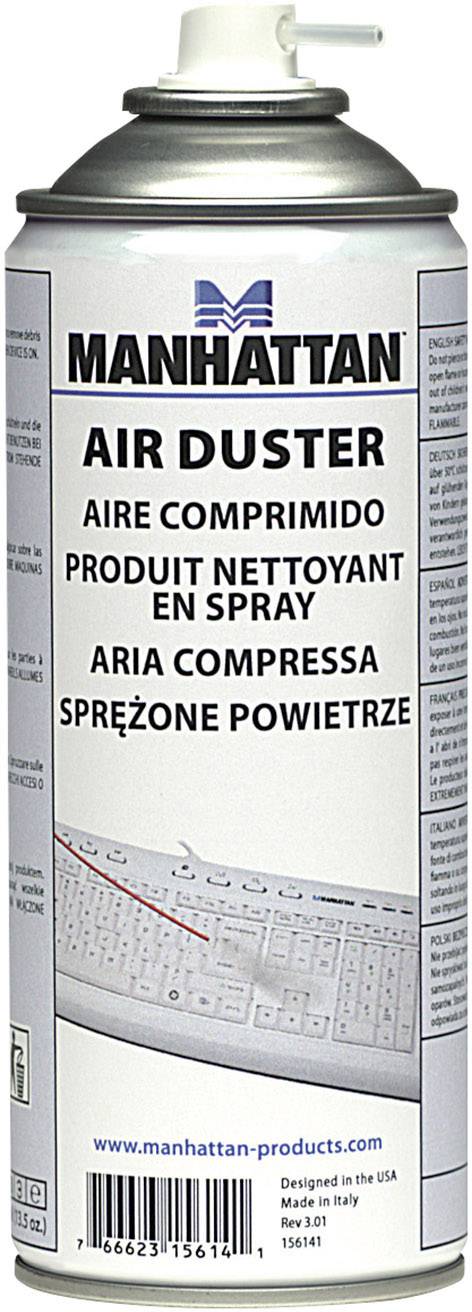 Dose of a Manhattan brand compressed air spray. Used for cleaning electronic devices. Text in multiple languages.