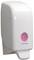 Wall-mounted soap dispenser with visibly pink liquid inside, ready for hand sanitisation.