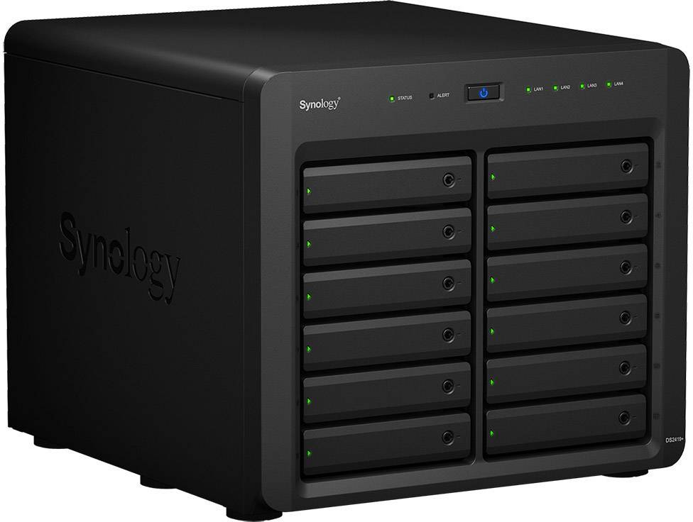 A black Synology NAS device with twelve hard drive bays, LED indicators, and a power switch on the front.