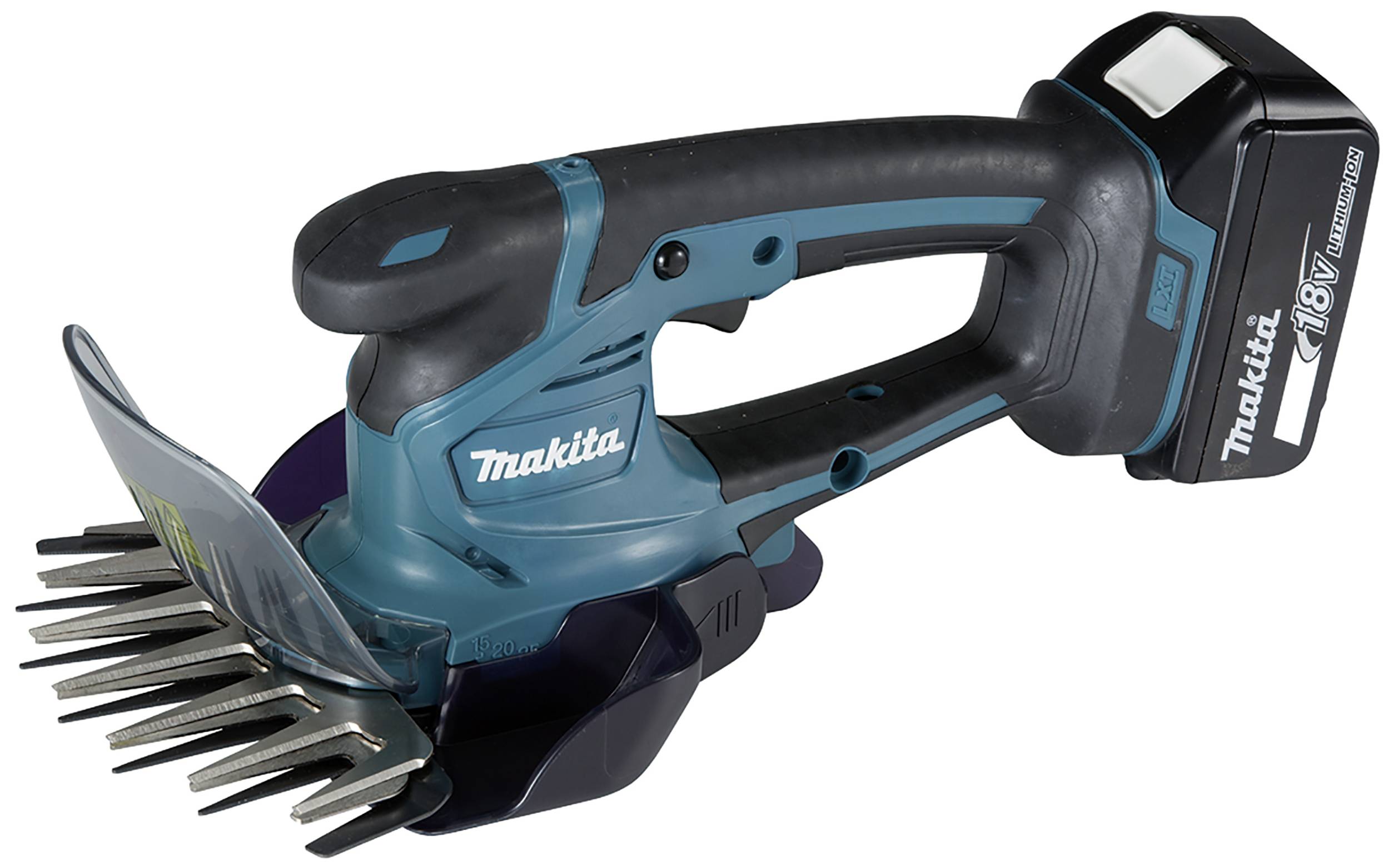 A navy blue and black electric hedge trimmer with a Makita logo and removable battery, suitable for cutting hedges.