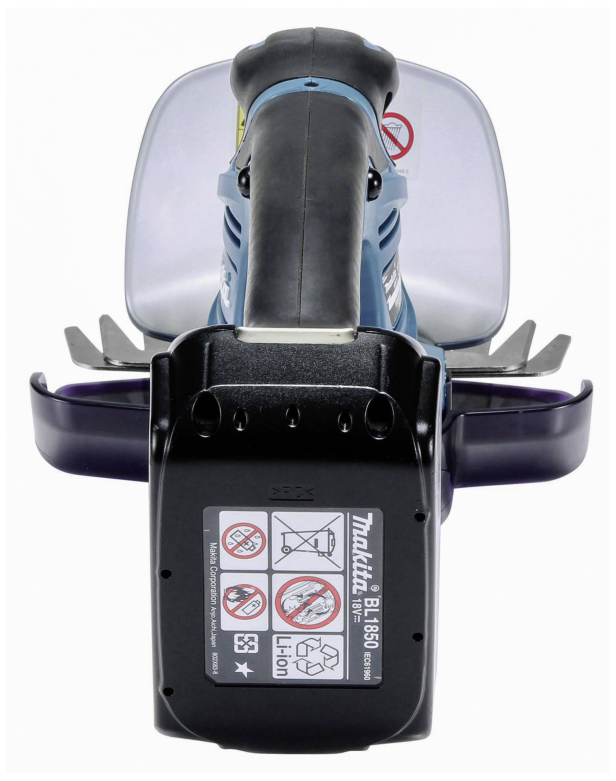 One-handed operating panel of a chainsaw with multiple warning notices, including a crossed-out telephone and battery symbol.