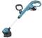 'Blue electric lawn trimmer with black handle and cutting head. Battery-operated with removable battery.'