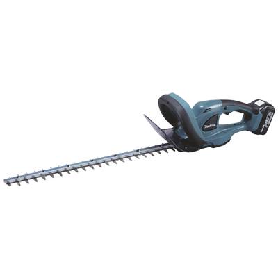 Electric hedge trimmer with a long, serrated cutting blade and ergonomic handle. Suitable for precise hedge trimming.