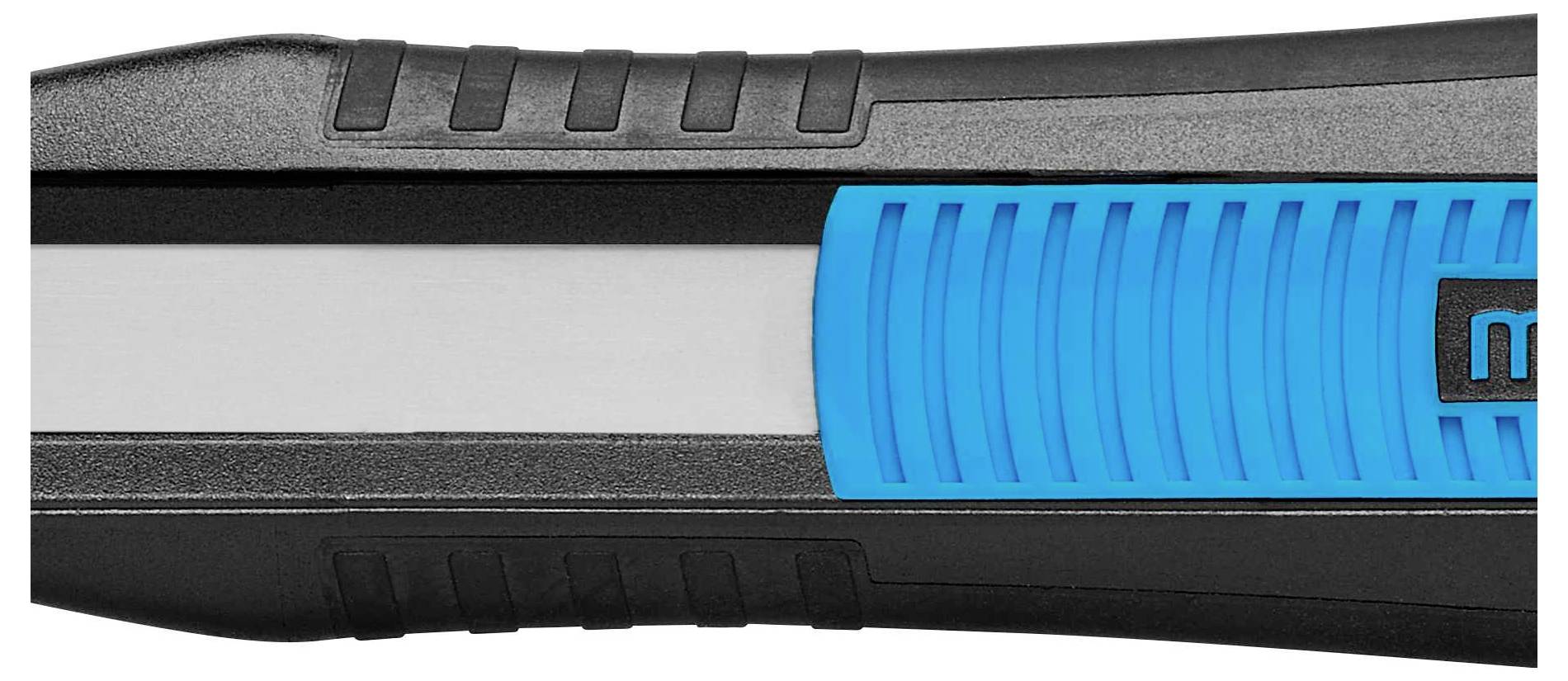 Handle of a tool with black and blue rubber for better grip.