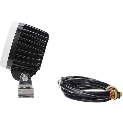 Side view of a round LED light with a black heatsink and cable with plug.