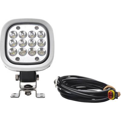 A rectangular LED floodlight with eleven lamps and a black housing. Beside it is a long black cable with a plug connector.