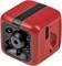 A red stress relief cube with black details, designed to reduce stress by pressing, turning, and clicking.
