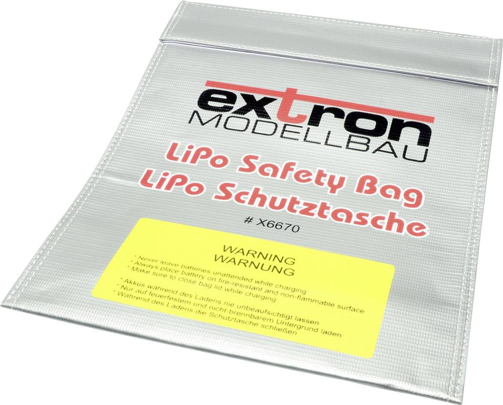'Silver LiPo safety bag by Extron Modellbau with red print for safe transport. Yellow warning label with safety instructions.'