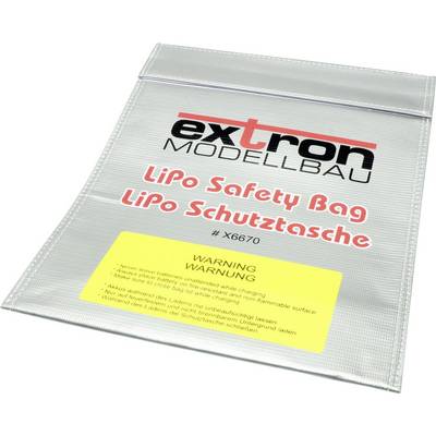 'Silver LiPo safety bag by Extron Modellbau with red print for safe transport. Yellow warning label with safety instructions.'