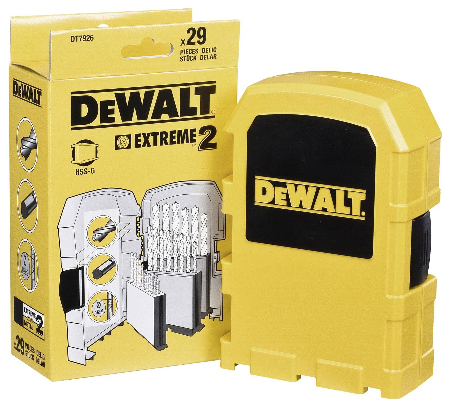 Yellow DeWalt drill bit set with 29 pieces. Packaging displays the drill bit set and DeWalt logo. Ideal for demanding work.