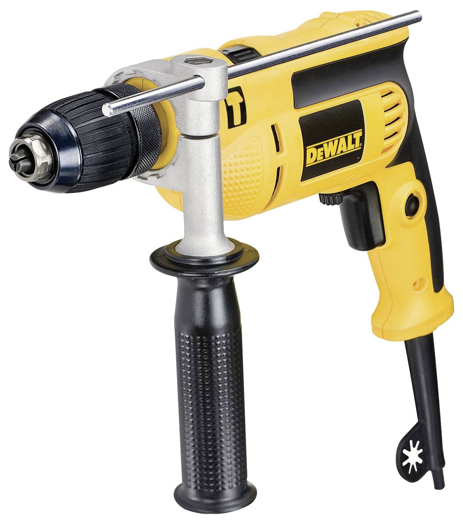 Yellow electric drill with a black handle and a drill bit, suitable for heavy-duty work. Brand name visible on the side.