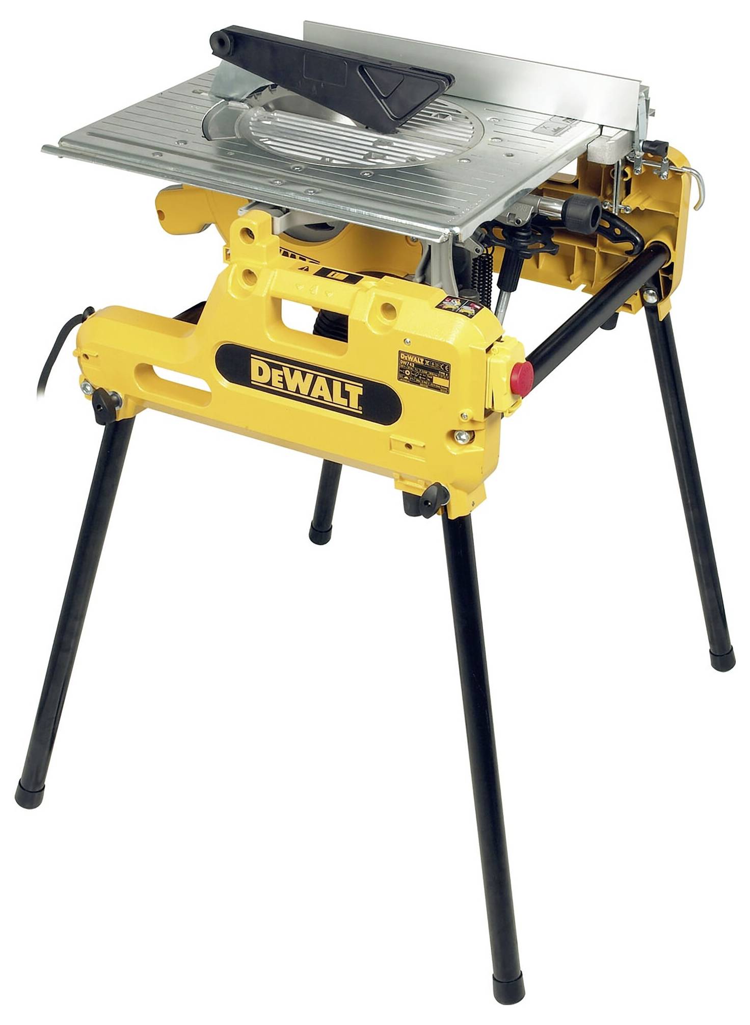 Yellow tabletop circular saw on a stand. The device has a silver work surface and is from the Dewalt brand.