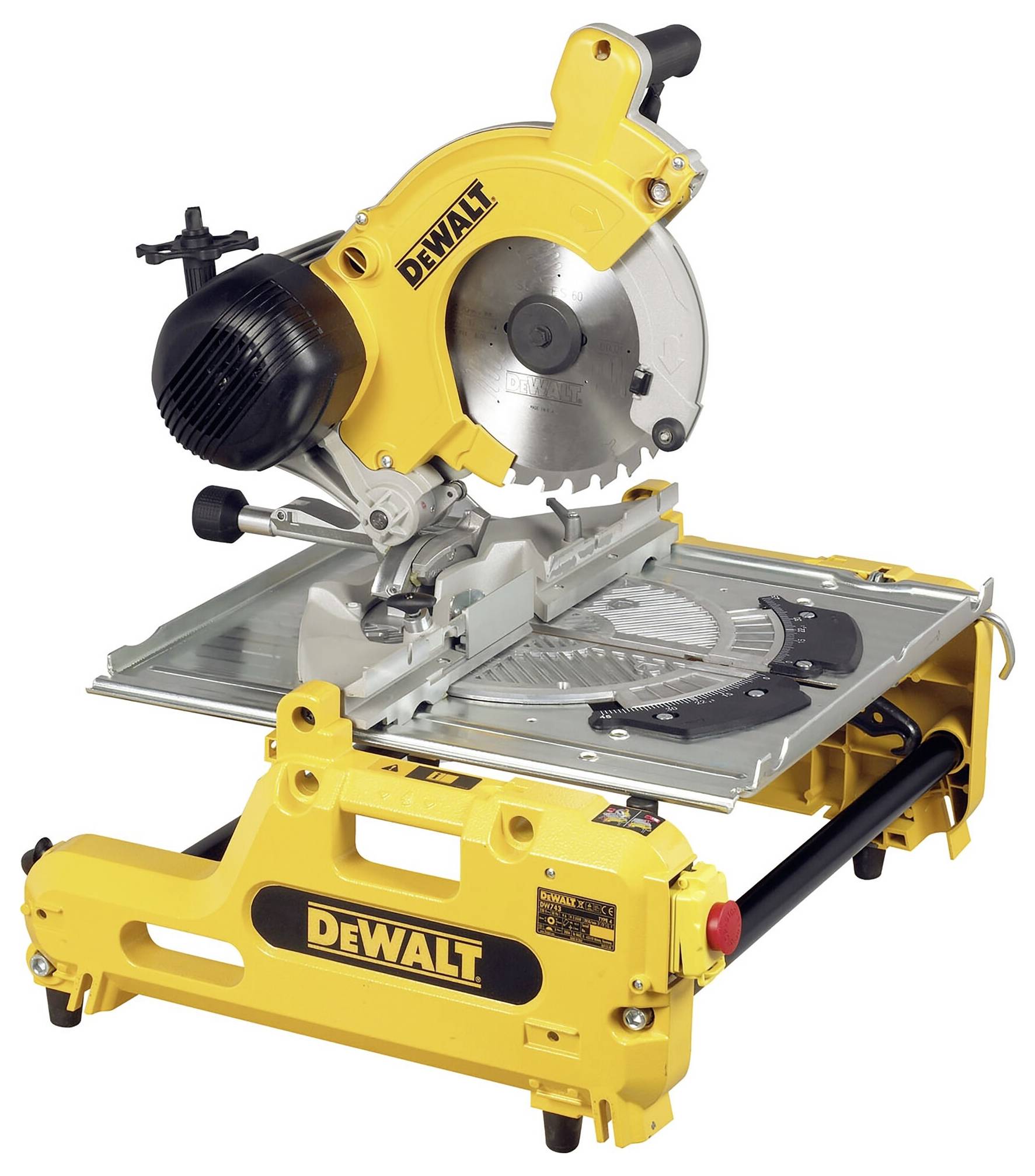 Mitre saw from a well-known brand, yellow and black, standing on a table. Suitable for precise woodcutting.