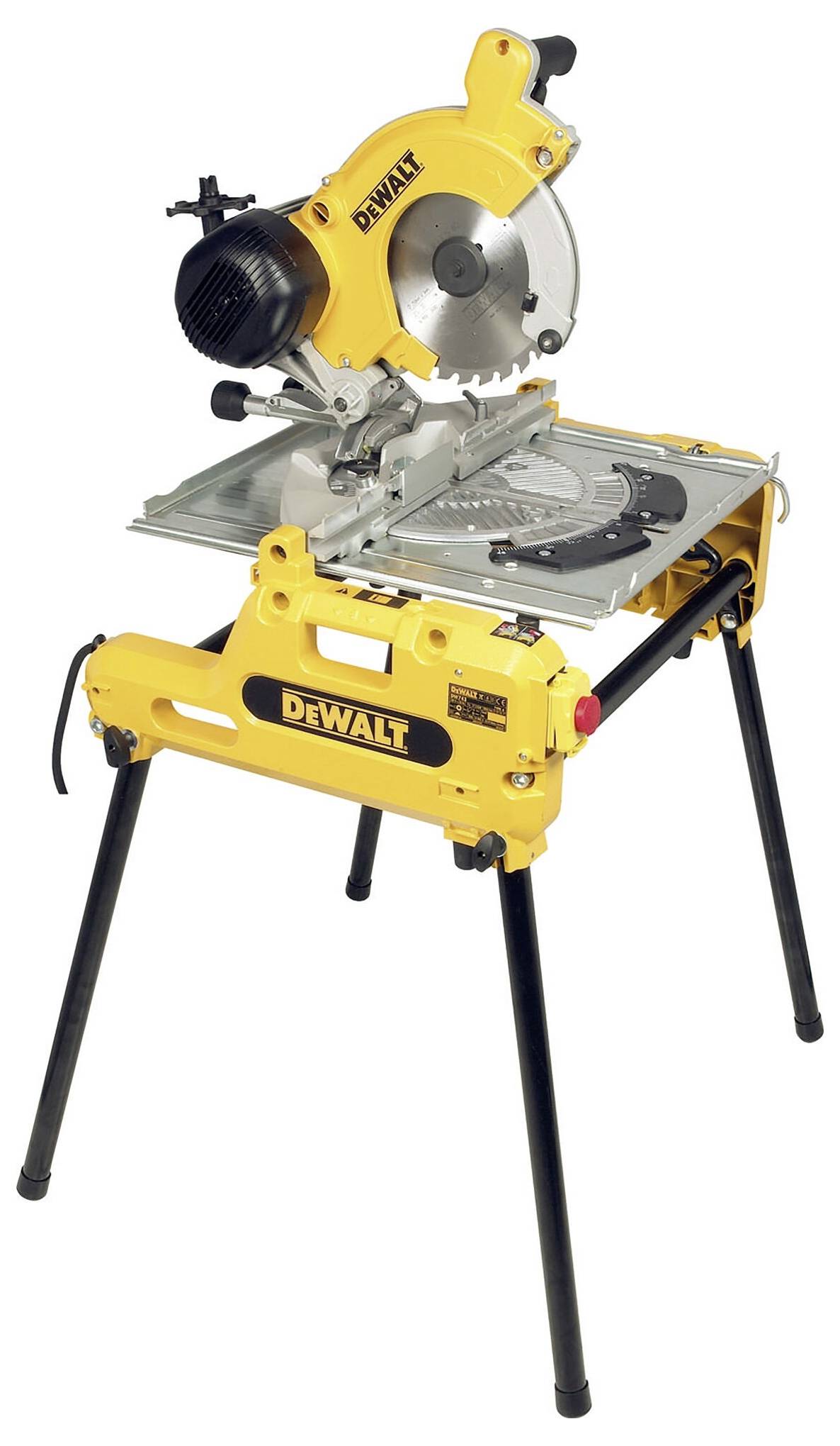 A yellow and black table circular saw mounted on a stand, with a silver, rotating saw blade, suitable for woodworking.