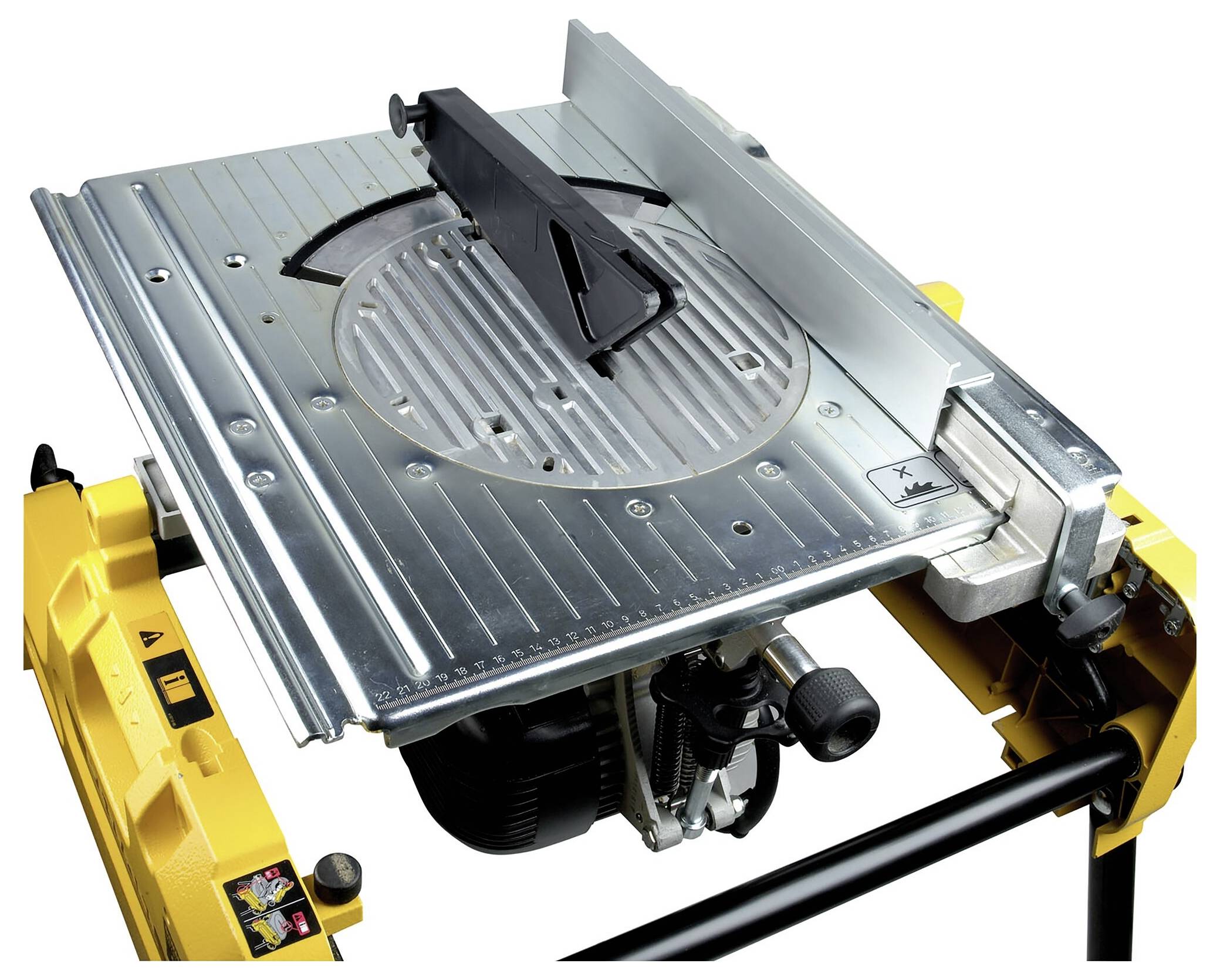 A table circular saw with a yellow frame and silver, grooved surface, suitable for precise woodcuts in a workshop.