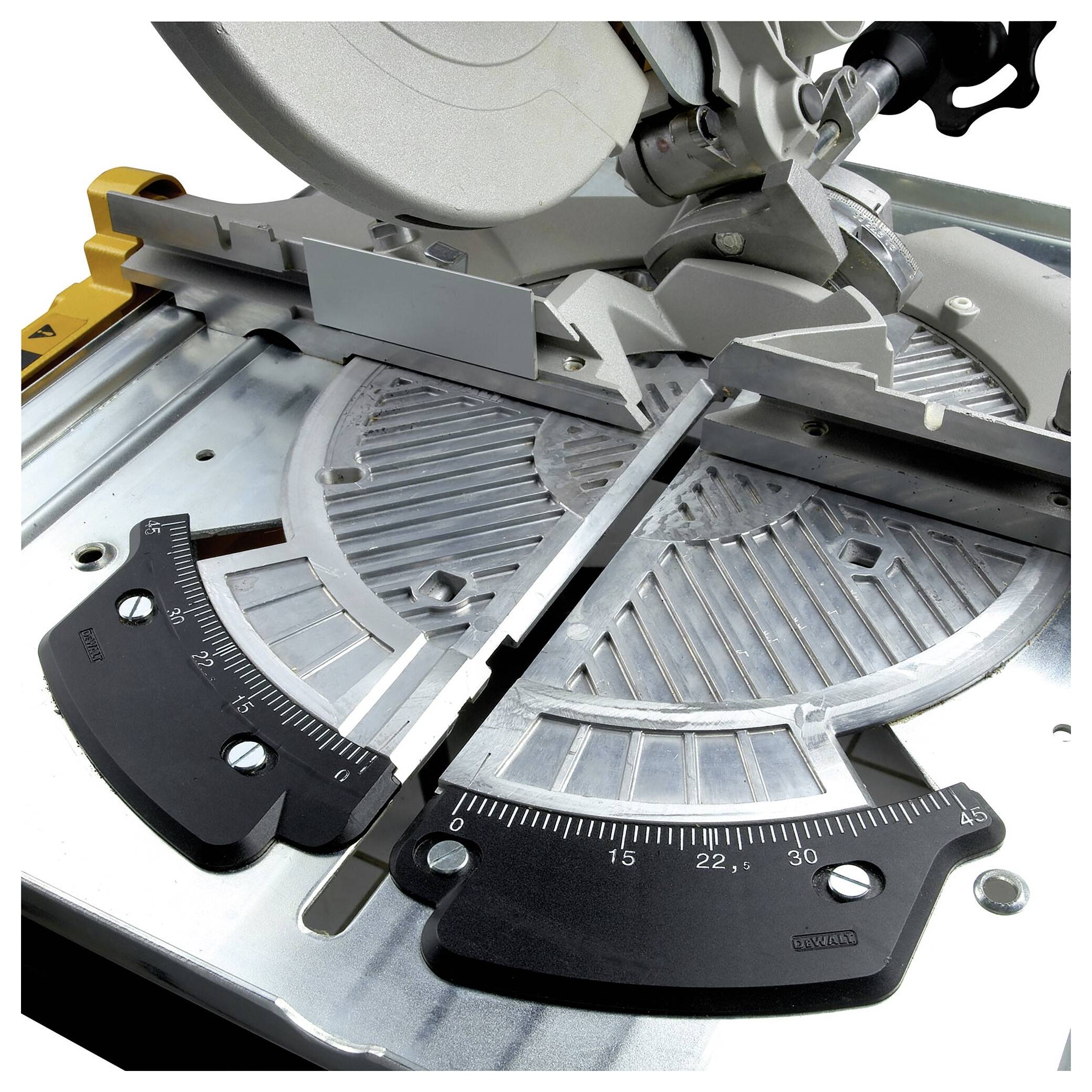 Mitre saw with metal cutting blade and precise angle settings, suitable for accurate wood cutting.