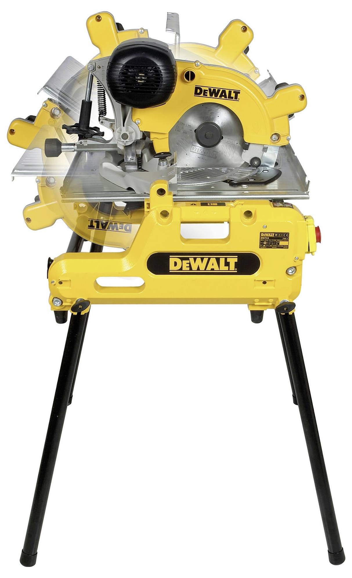 A yellow mitre saw on a black stand. It has a rotating saw blade and the brand logo is visible.